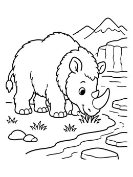 A friendly woolly rhino grazes near a river in this cute ice coloring page.
