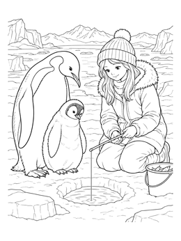 A girl enjoying an ice fishing coloring page alongside an emperor penguin and its chick.