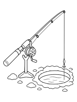 An ice fishing rod set on a stand beside a hole in the ice coloring page.