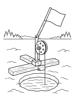 A tip-up flag device sits over an ice fishing coloring page on a frozen lake.