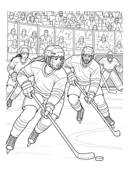 Athletes compete on an arena rink in this ice hockey coloring page.