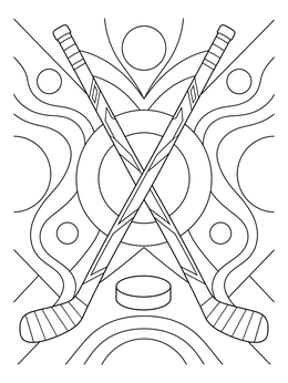 Geometric ice hockey coloring page featuring crossed sticks and a puck with abstract patterns.