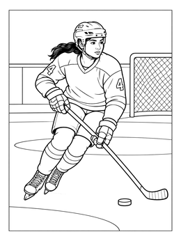 An ice hockey coloring page showing a female player skating near the goal net with a puck.