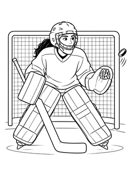 A girl goaltender defends the net on this hockey coloring page.
