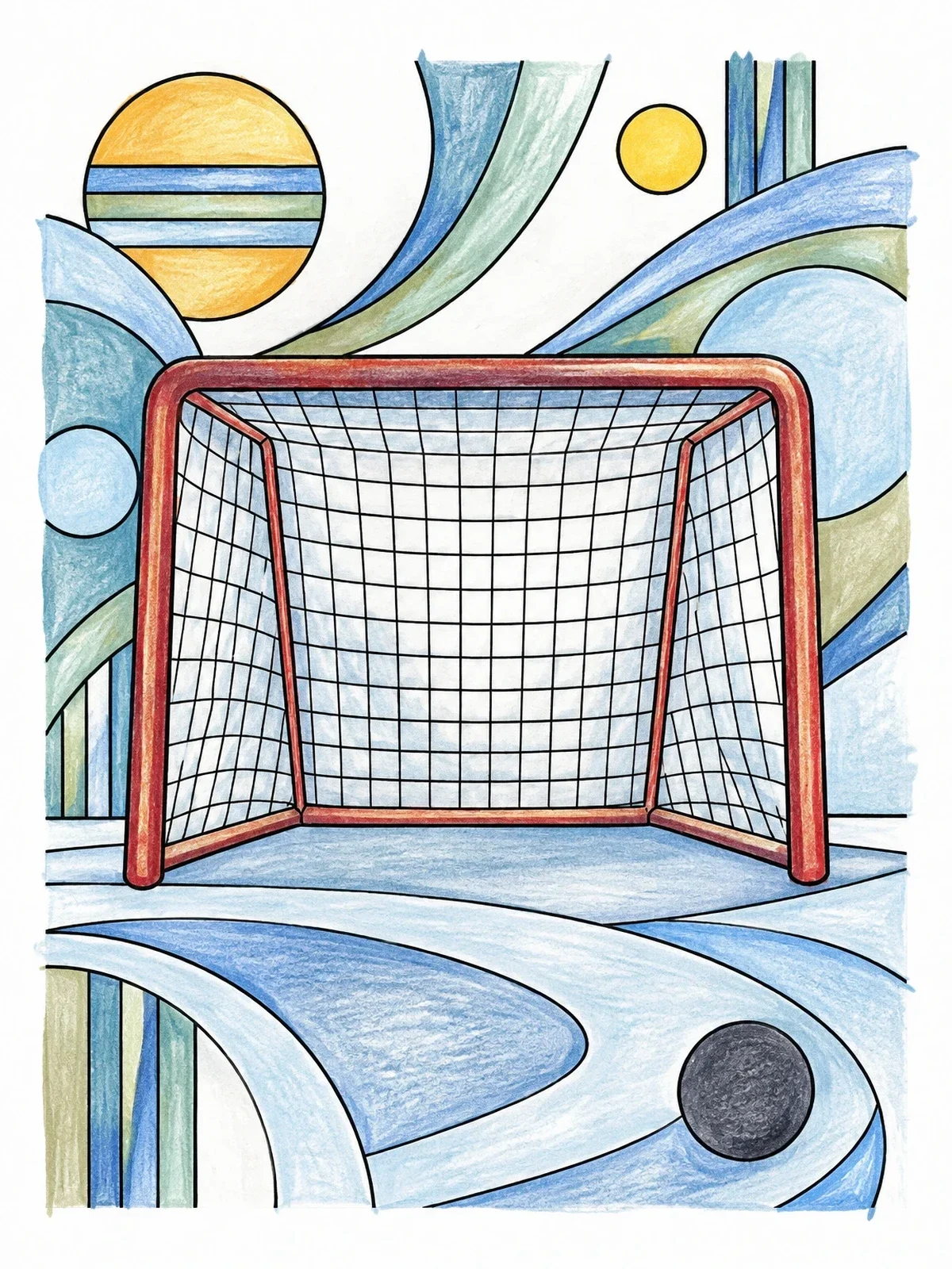Colored example of the Ice Hockey Goal With Abstract Patterns coloring page