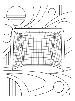 A detailed hockey coloring page featuring a hockey goal against a flowing abstract background.