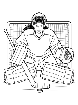 An ice hockey coloring page showing a female goaltender ready to block the puck in front of the net.