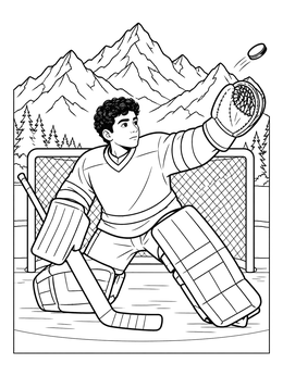 A young ice hockey goalie catches a flying puck in this Colorado coloring page with rugged mountains.