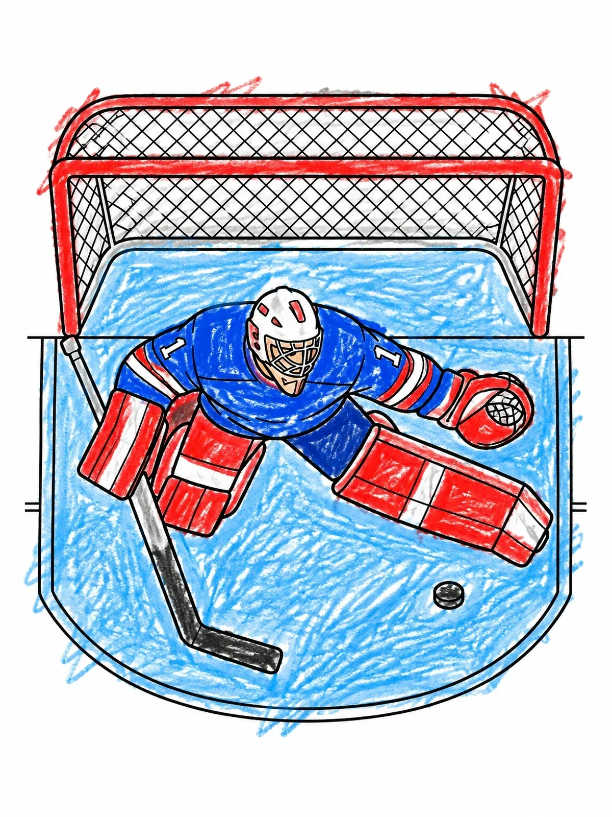 Colored example of the Ice Hockey Goalie Crease View coloring page