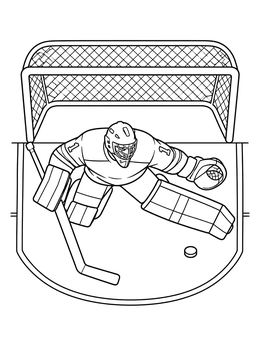 An overhead ice hockey coloring page showing a goalie protecting the net from an incoming puck.