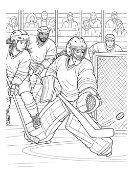 An ice hockey coloring page showing a focused goalie blocking the puck in front of the net.