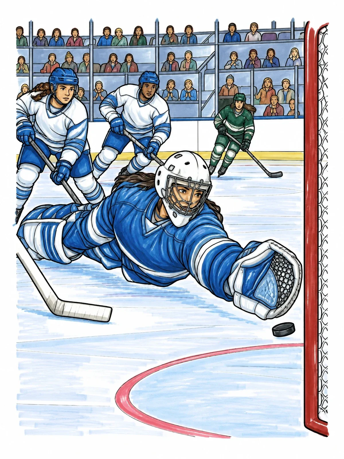 Colored example of the Ice Hockey Goalie Diving Save coloring page