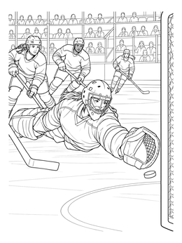 An intense hockey coloring page showing a goaltender sliding across the ice to make a glove save.