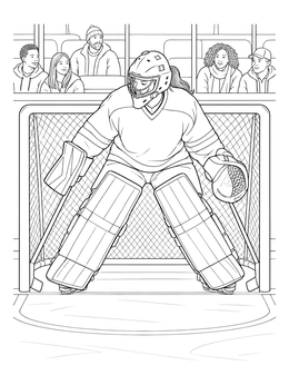 A female goaltender defends the net on this ice hockey coloring page with spectators behind the glass.