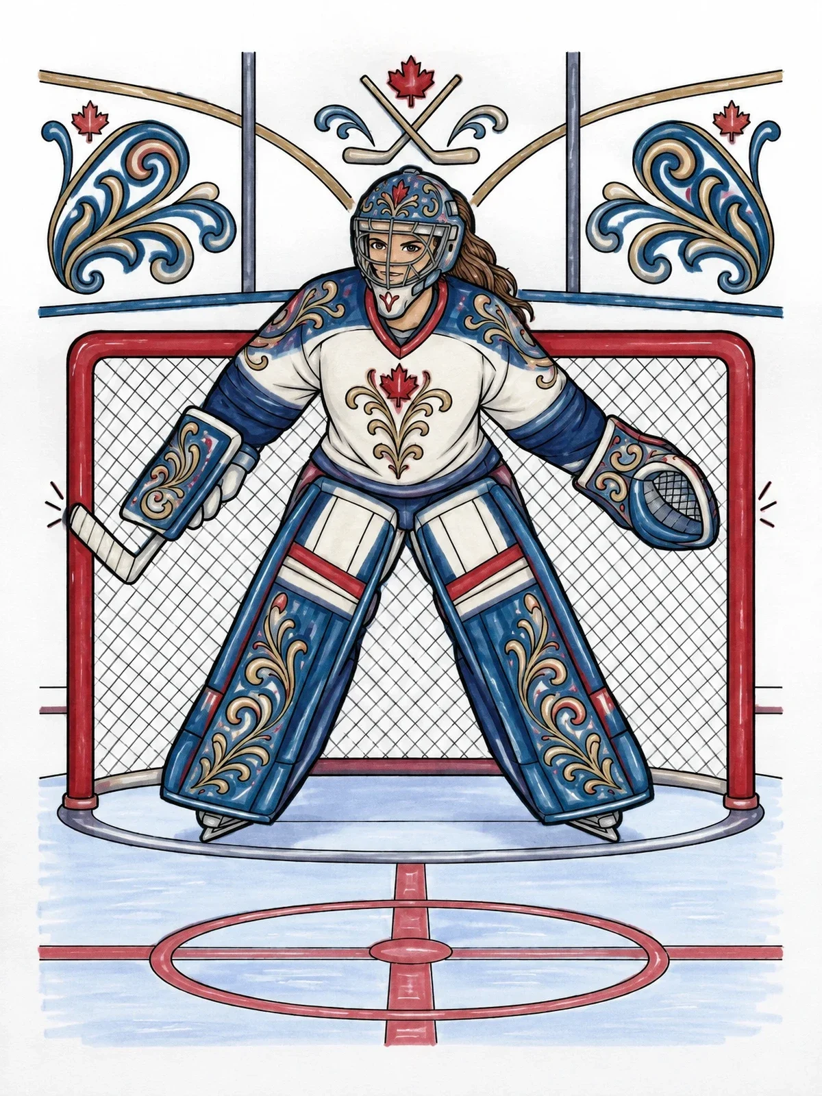 Colored example of the Ice Hockey Goalie In Net coloring page