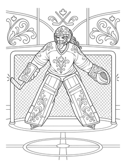 A female goaltender guarding the net in this detailed hockey coloring page.