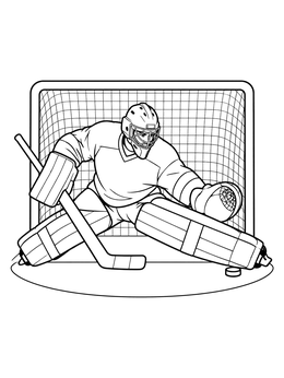 An ice hockey coloring page showing a focused goaltender sliding across the net to block a puck.