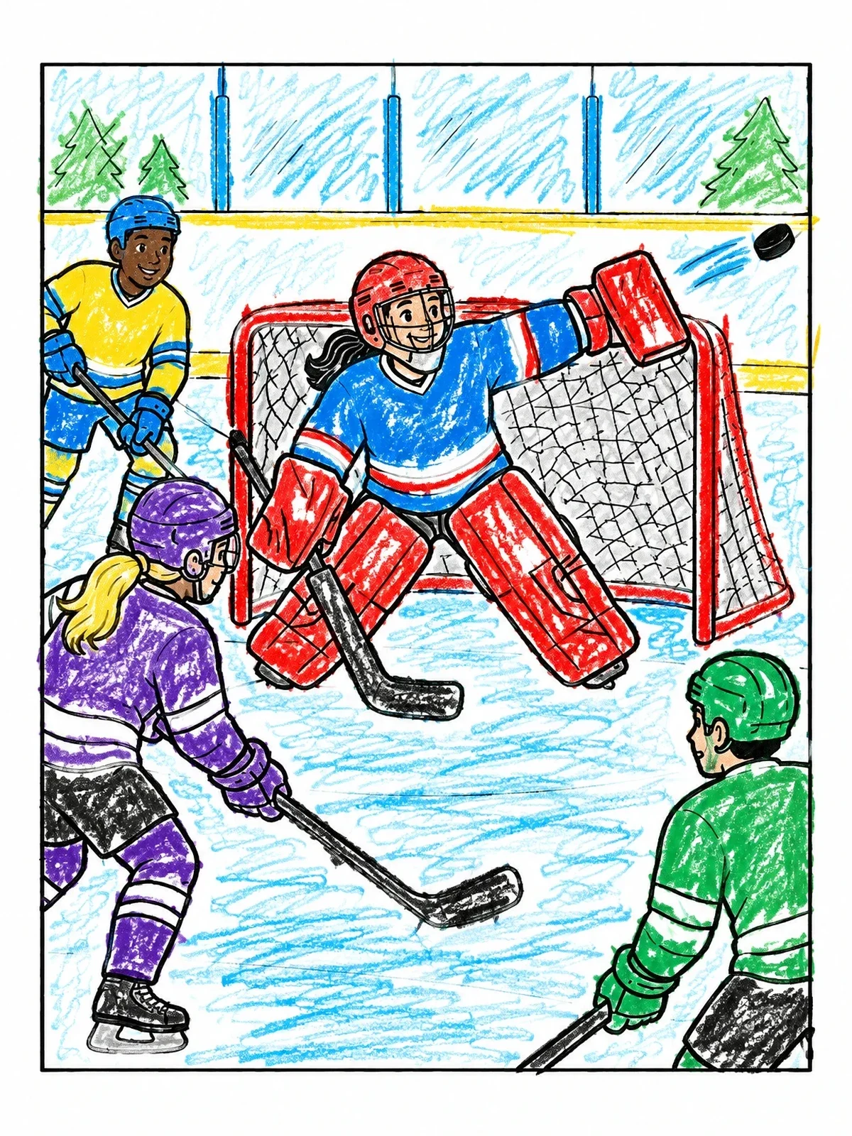 Colored example of the Youth Hockey Goalie Making A Save coloring page
