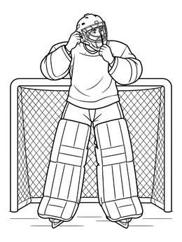 A goalie adjusts his helmet in this ice hockey coloring page.