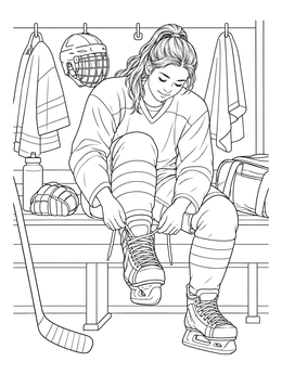 A female player prepares on this ice hockey coloring page by tying her skate laces in the locker room.