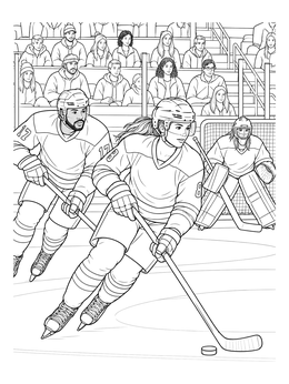 Detailed hockey coloring page featuring players skating toward the goal with arena spectators watching.