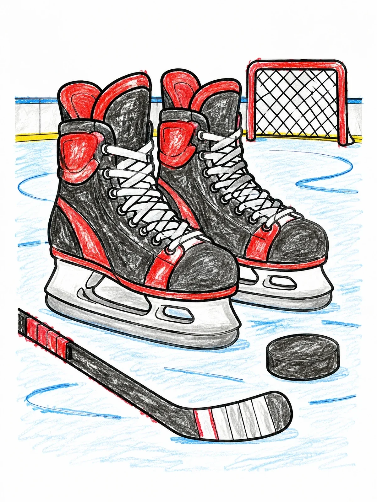 Colored example of the Ice Hockey Skates And Puck On Rink coloring page
