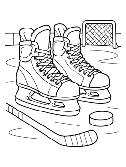A pair of ice skates, puck, and stick rest by a goal in this hockey coloring page.