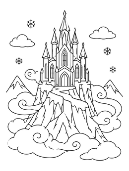 An enchanting ice coloring page featuring a grand palace atop a snowy mountain.