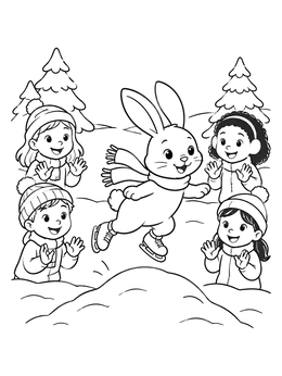 Free printable Ice Skating Bunny And Cheering Children coloring page