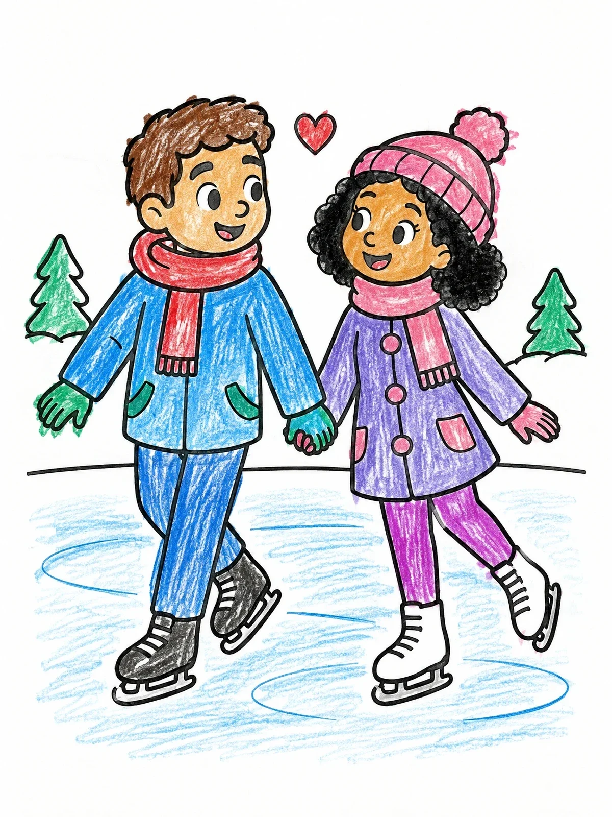 Colored example of the Ice Skating Couple In Winter coloring page