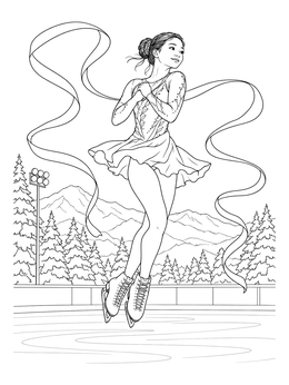 An ice skating coloring page showing a female figure skater leaping above an outdoor rink with ribbons.