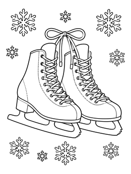 A pair of tied figure skates surrounded by delicate snowflakes on this ice skating coloring page.