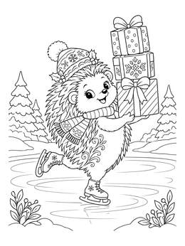 A hedgehog christmas coloring page featuring a cute hedgehog ice skating with a tall stack of presents.