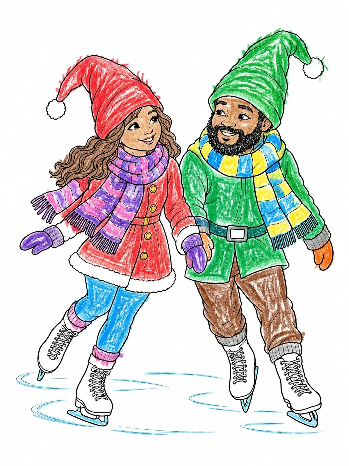 Colored example of the Ice Skating Winter Gnomes coloring page