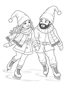 A happy pair glides on a frozen pond in this gnome coloring page.