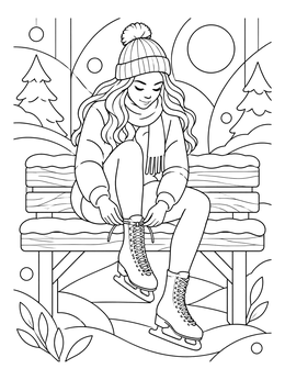 A woman tying her ice skates on a bench in an ice skating coloring page.