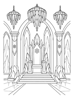 An icicle coloring page showing an ice throne room with hanging icicle chandeliers.
