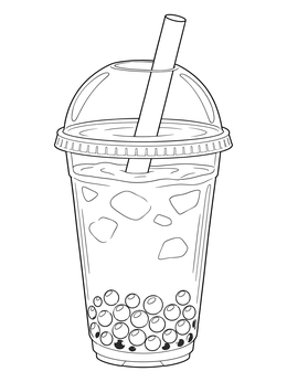 A detailed boba coloring page featuring an iced drink with tapioca pearls and a dome lid.