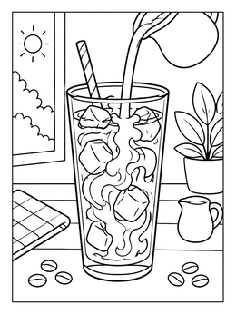 A refreshing coffee coloring page with milk pouring into an iced drink.