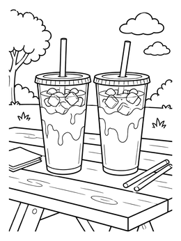 Two iced drinks sit on a wooden table in this coffee coloring page.