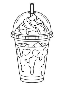 An iced coffee coloring page featuring a cup with whipped cream and dome lid.