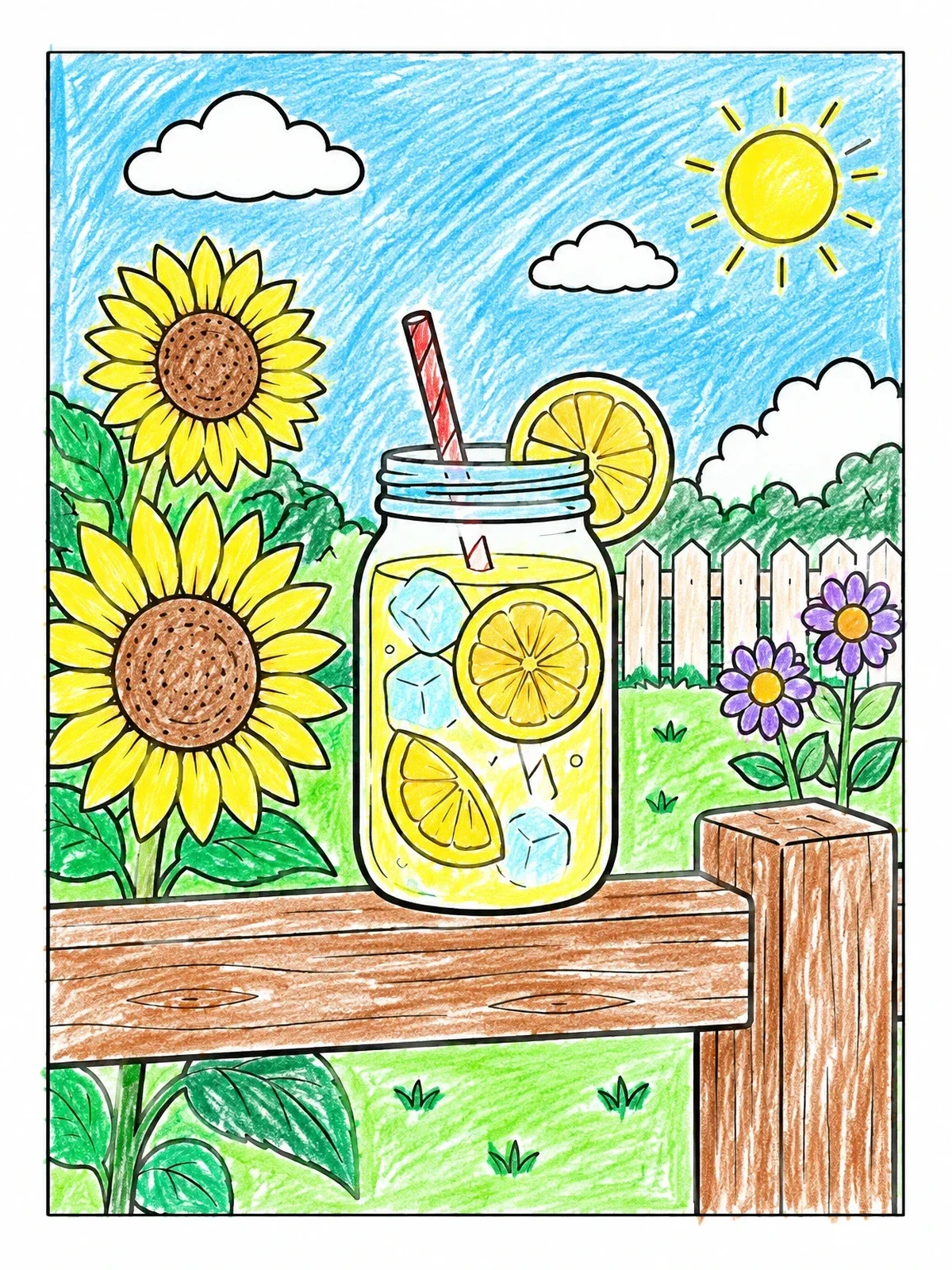 Colored example of the Iced Lemonade Jar By Garden Sunflowers coloring page