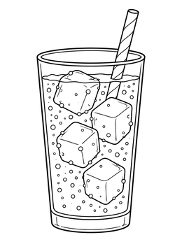 A refreshing soda coloring page featuring a tall glass with floating ice cubes, bubbles, and a straw.