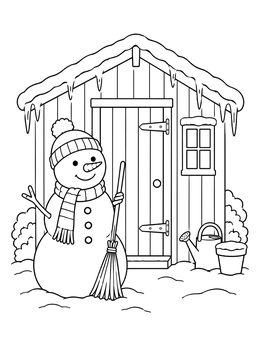 Snowman beside a snowy shed with dripping icicles on this icicle coloring page.