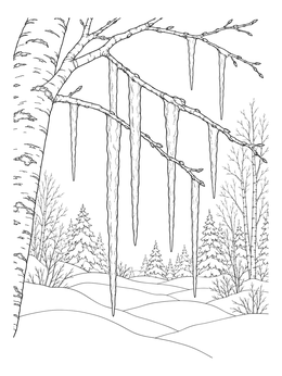 A peaceful winter landscape in this icicle coloring page featuring frozen drips on birch branches.