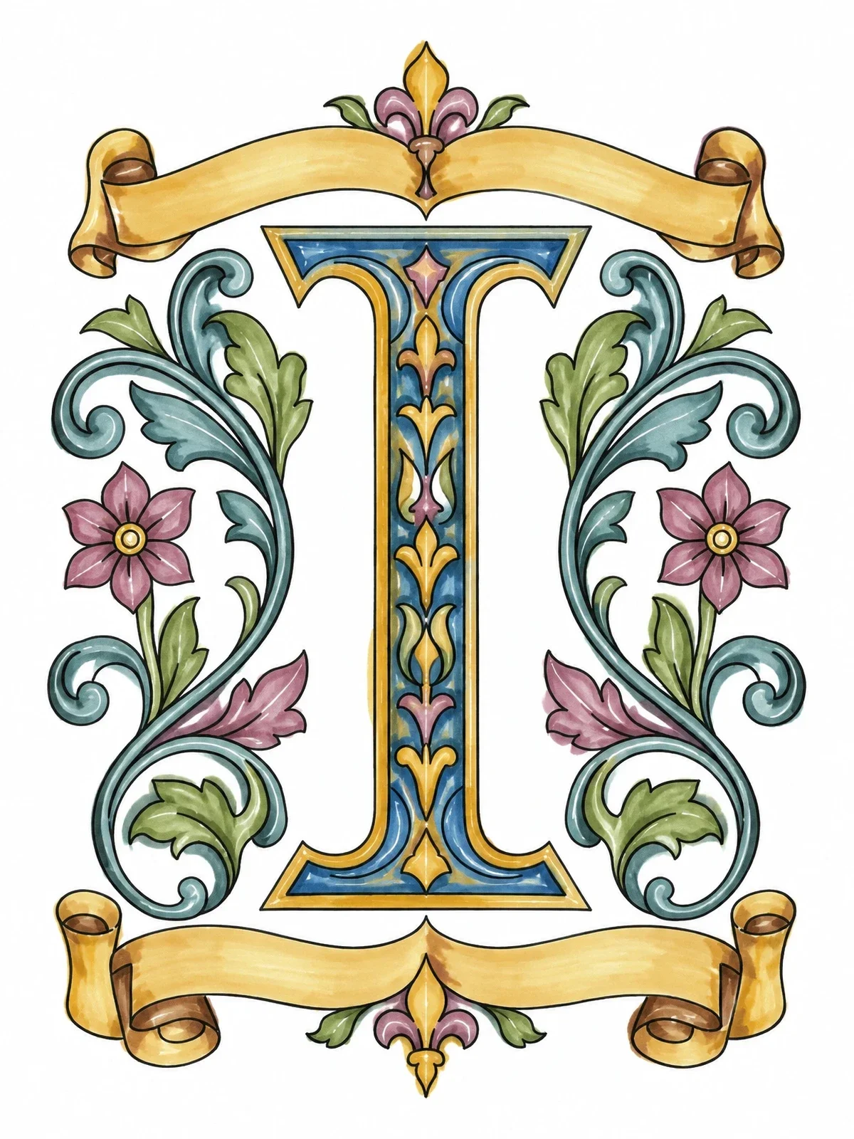 Colored example of the Illuminated Letter I With Floral Scrolls coloring page