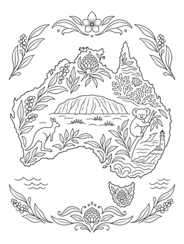 An intricate australia coloring page featuring Uluru, native wildlife, and floral borders.