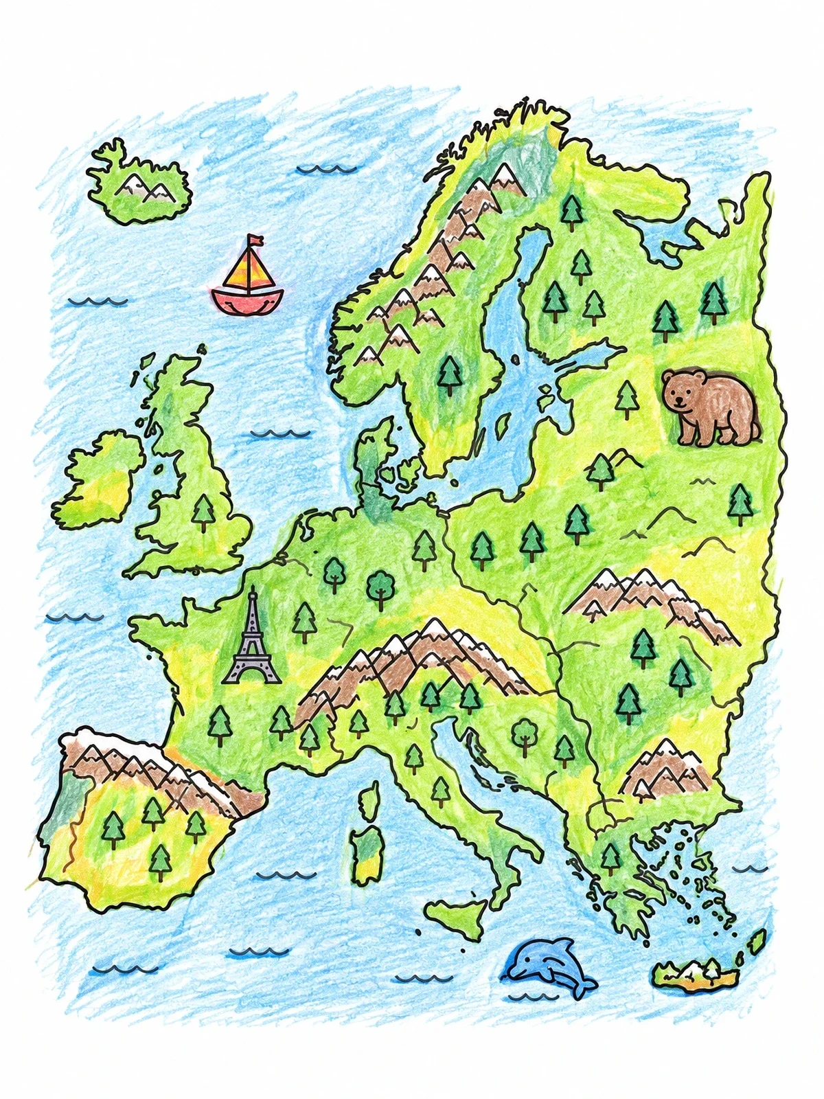 Colored example of the Illustrated Map Of Europe For Kids coloring page