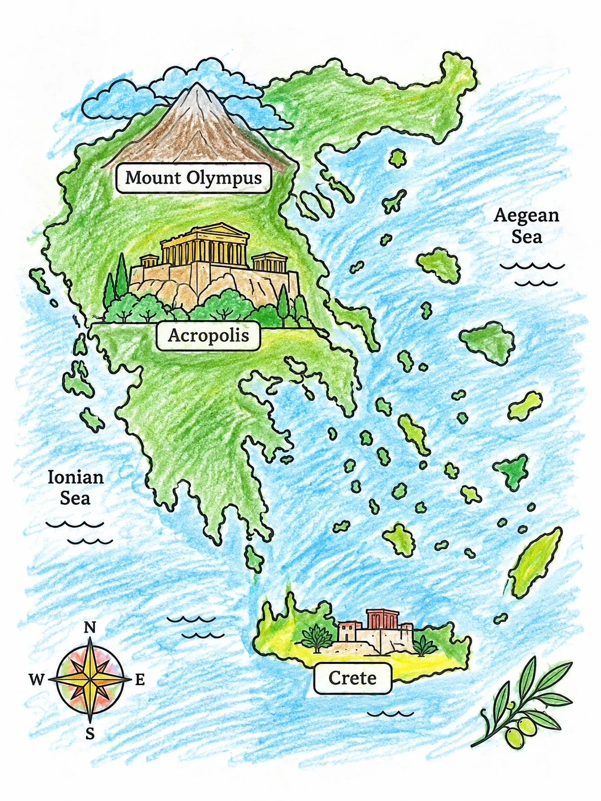 Colored example of the Illustrated Map Of Greece Landmarks coloring page
