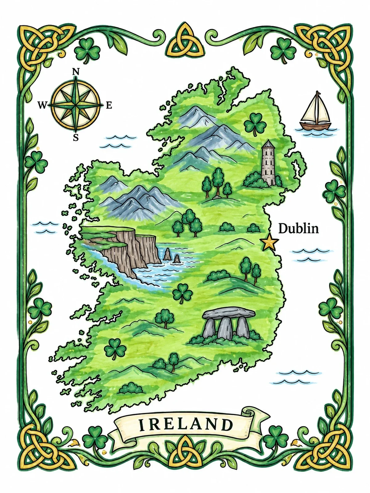 Colored example of the Illustrated Map Of Ireland coloring page